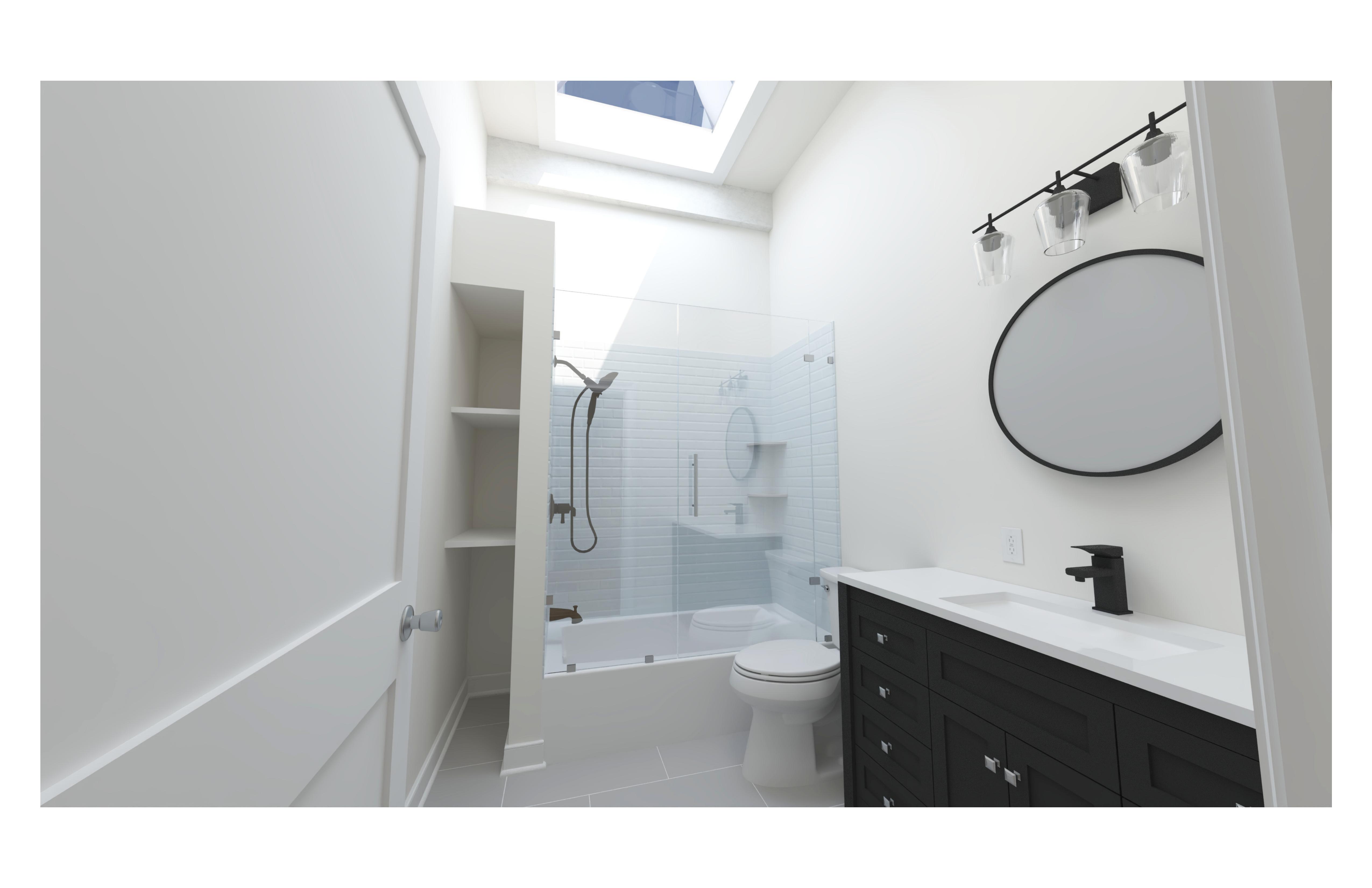 Bathroom with skylight and glass shower over tub