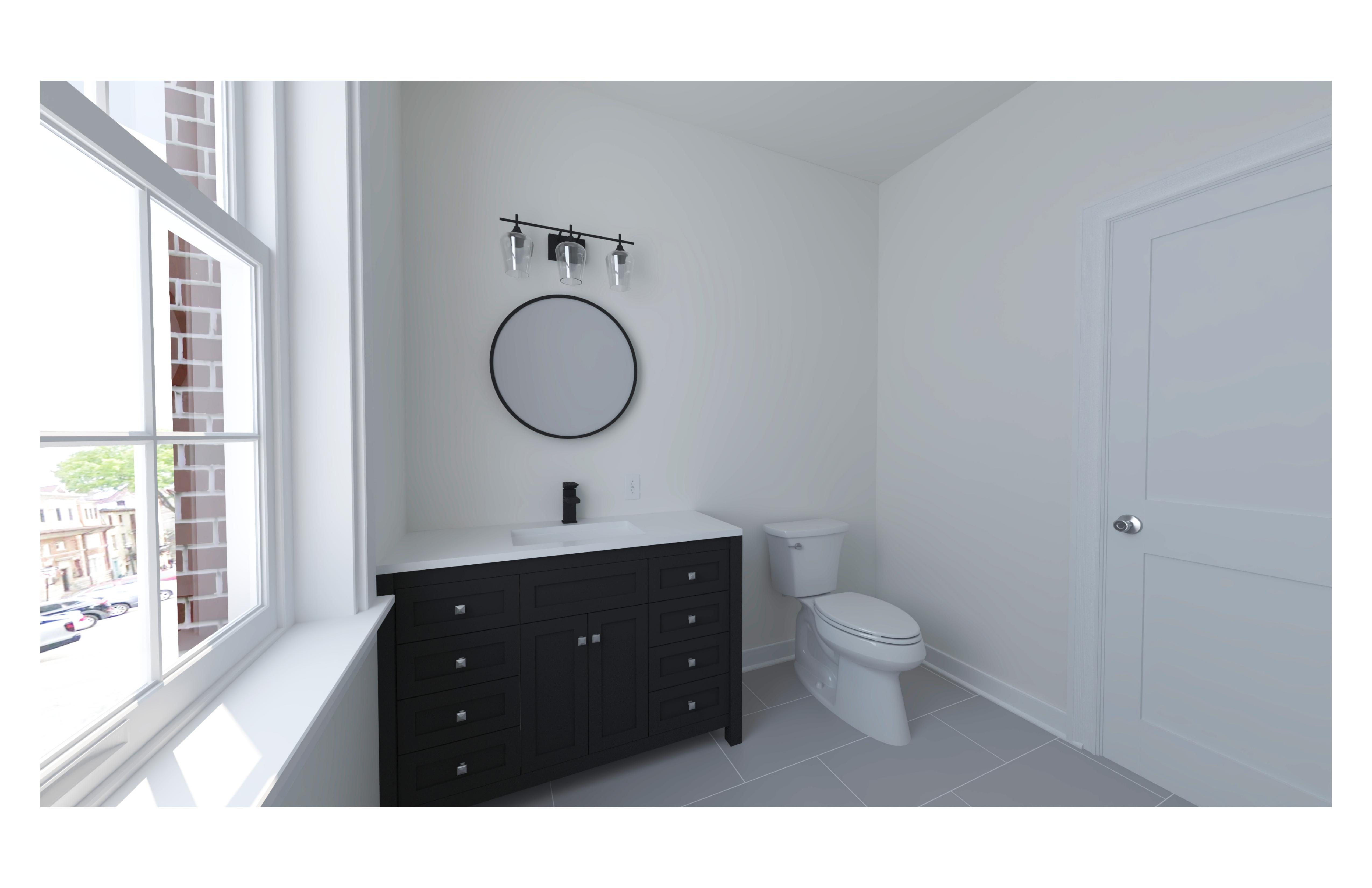 Bathroom with large window overlooking Front Street