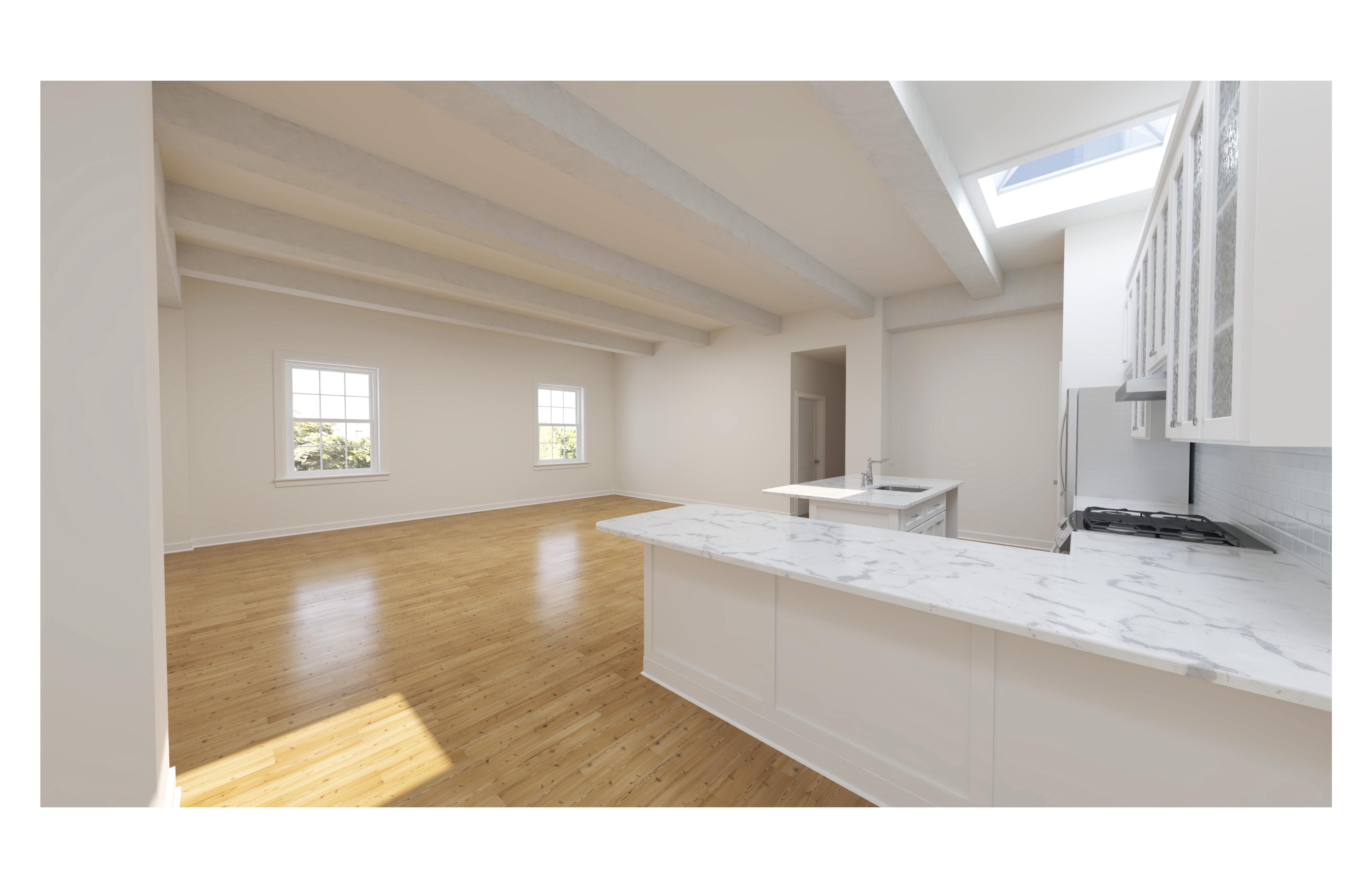 Open kitchen and living area with exposed beams and skylights