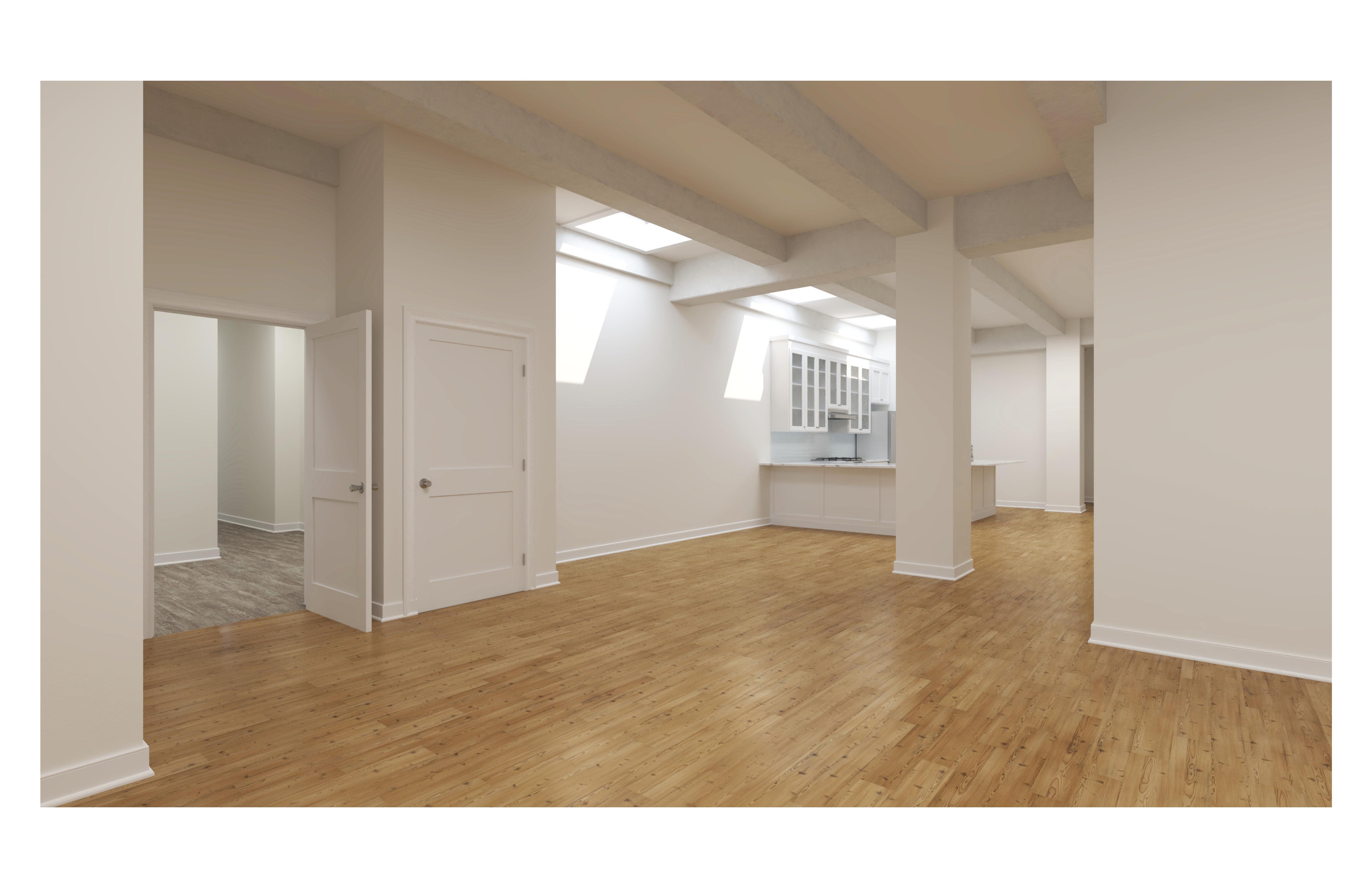 Spacious living area with hardwood floors and exposed beams