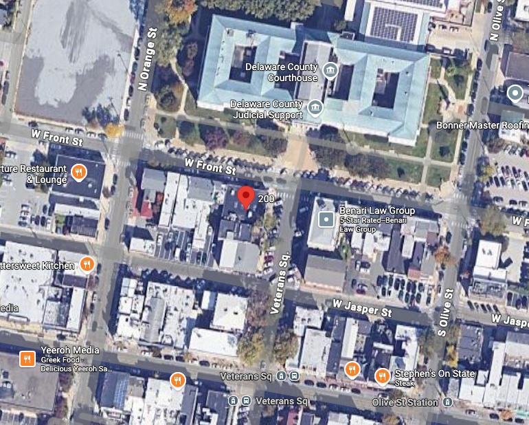 Aerial map showing 200 Front Street, Media PA — next to Delaware County Courthouse